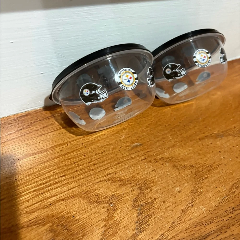 2 Pittsburgh Steelers Clear Small Snack Bowls with Black Lids